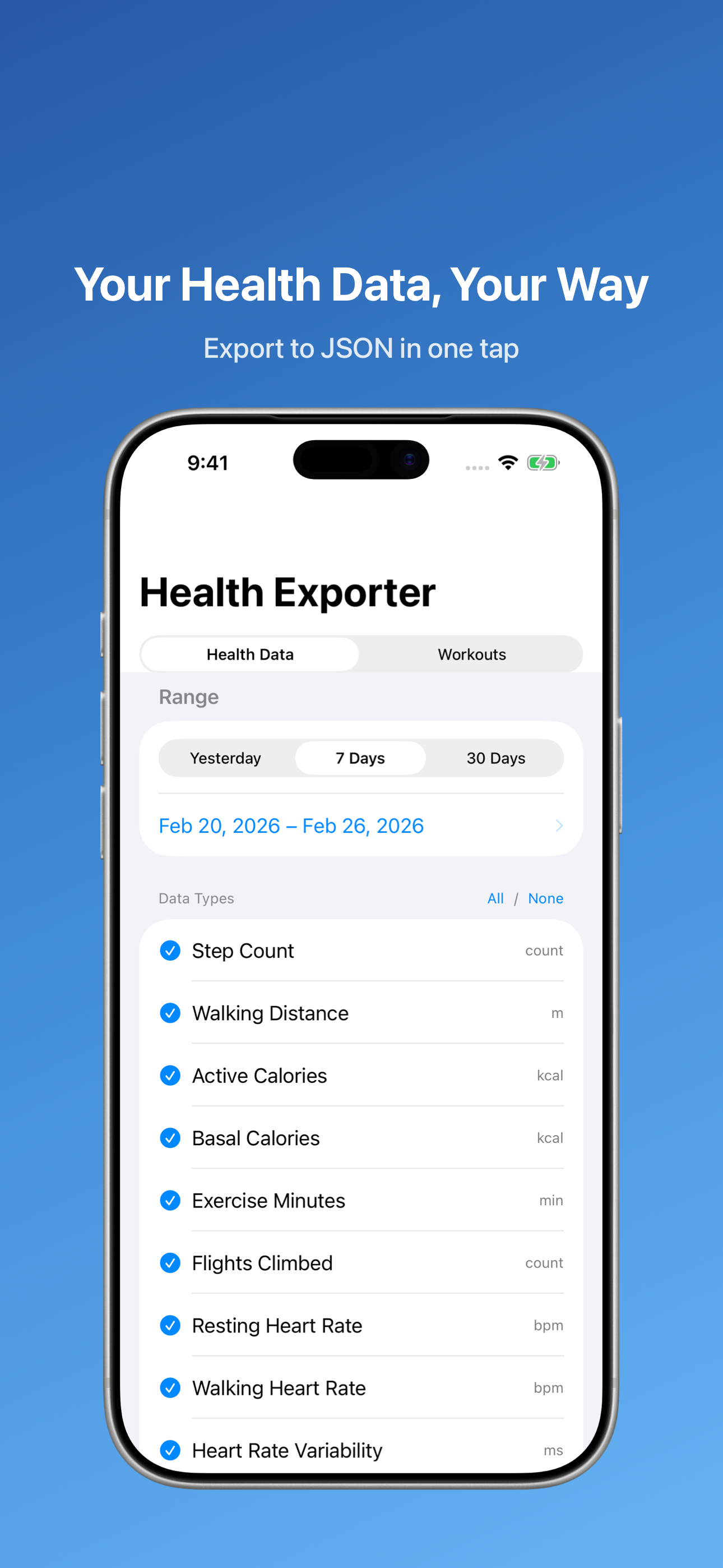 Health Exporter main screen