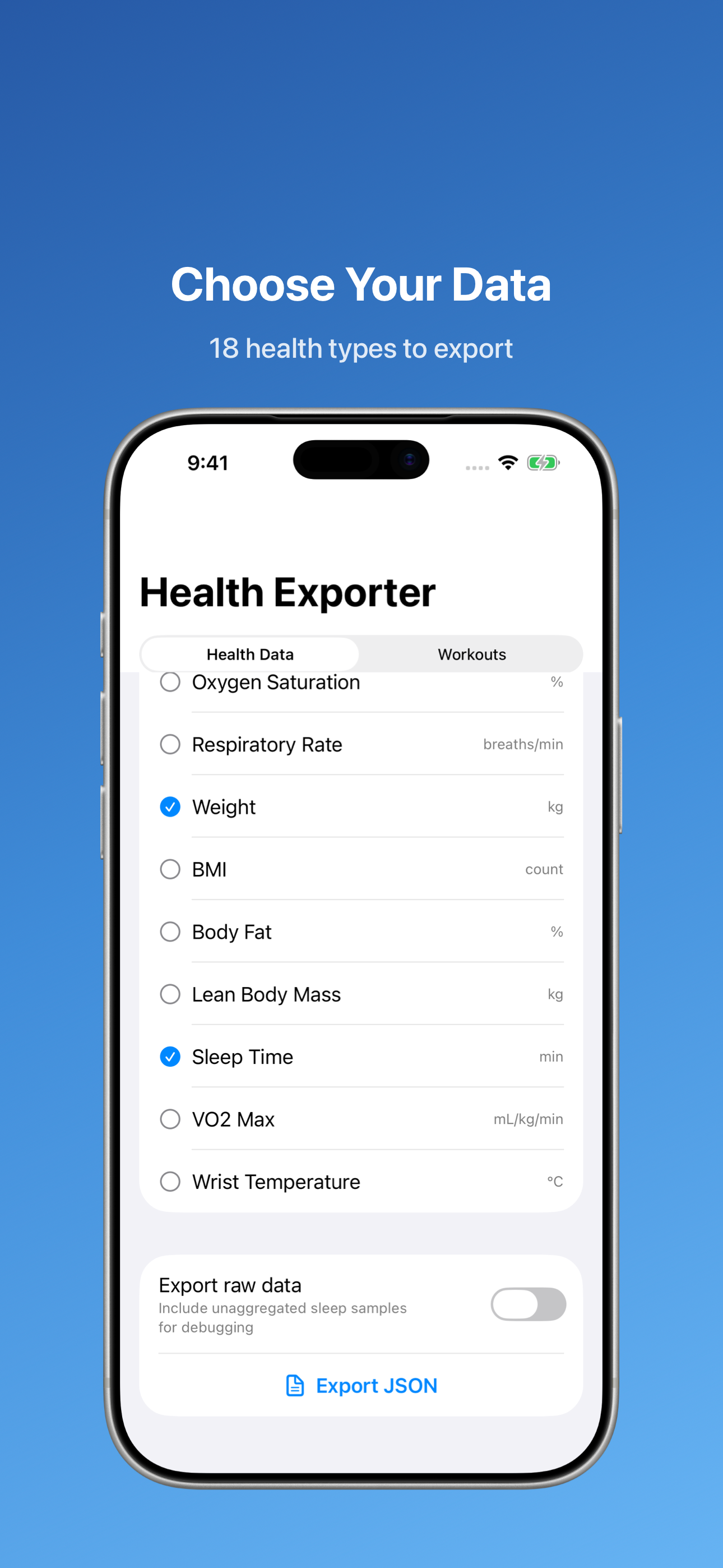 Select health data types to export