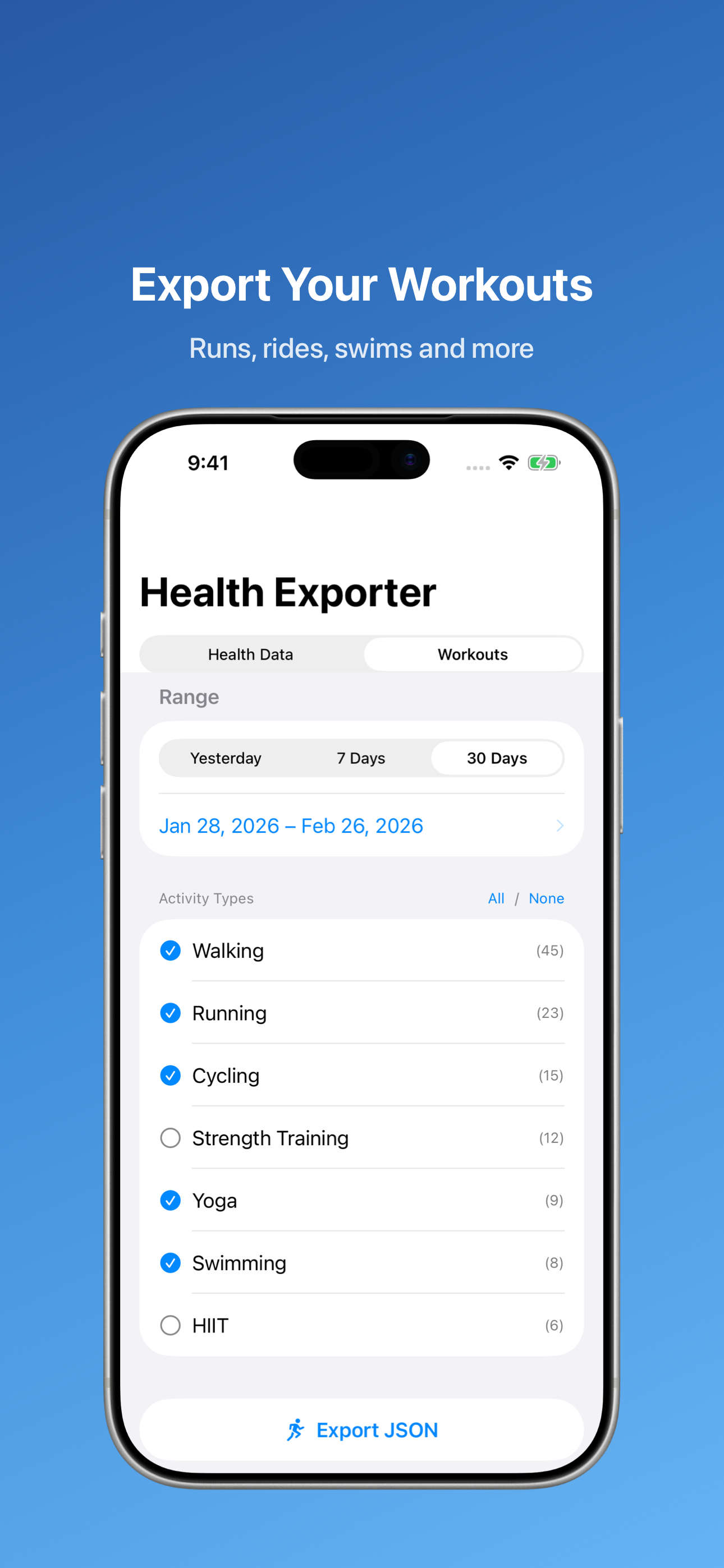Choose workout types to export
