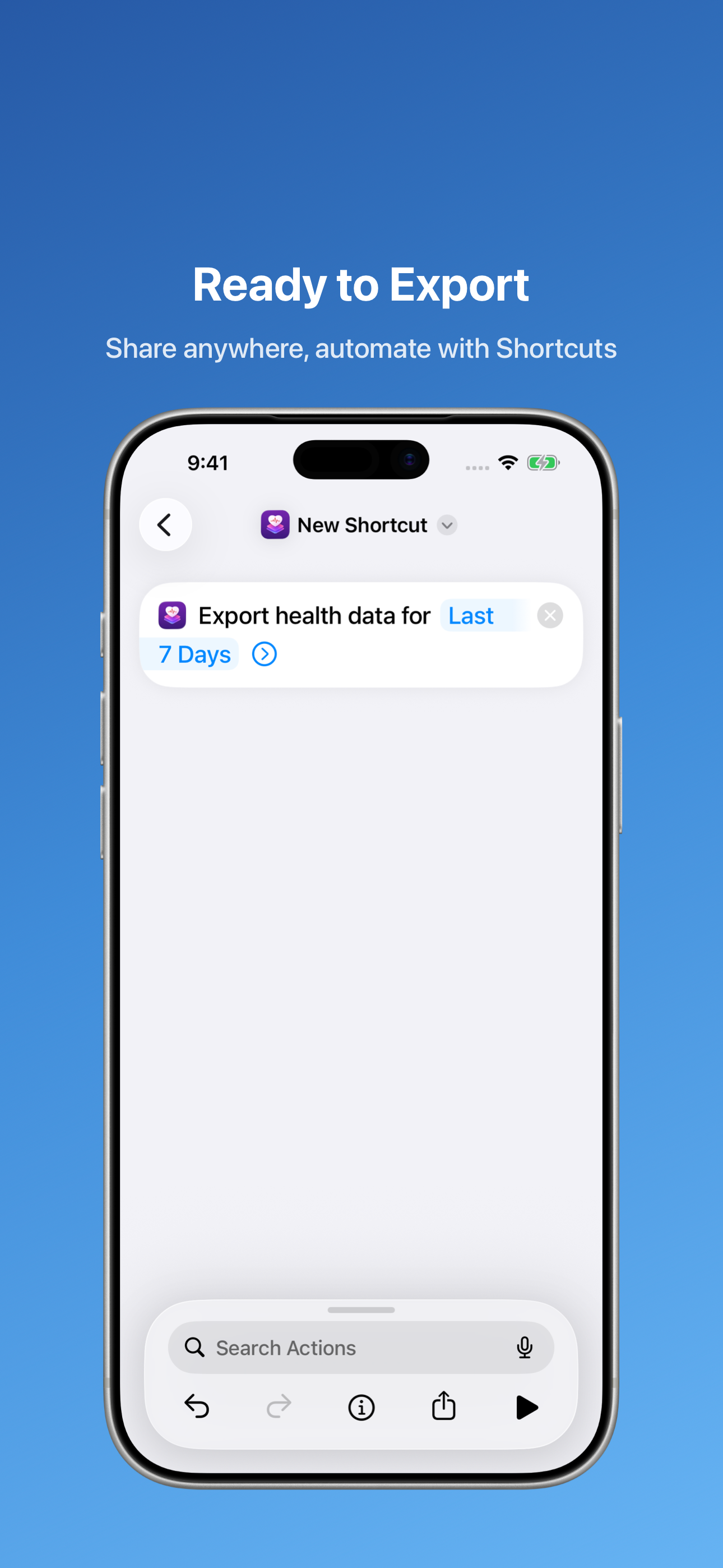 Shortcuts editor with Health Exporter actions